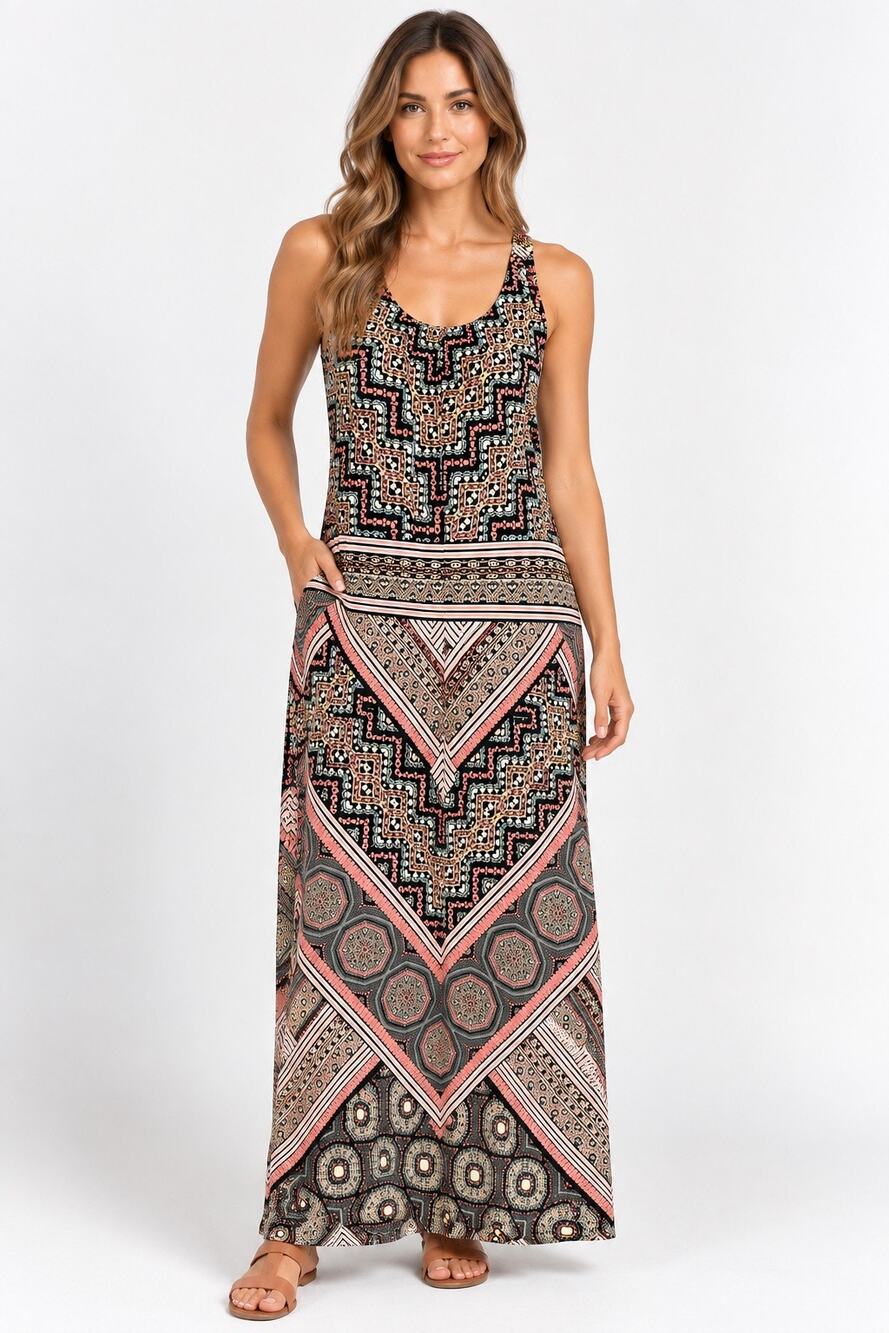 London Times Maxi Dress Geometric Boho Print Sleeveless Scoop Neck Pink Black